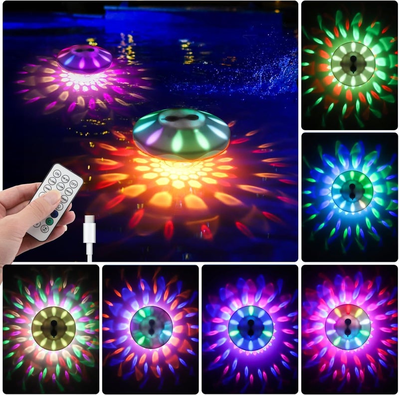 QOLNBY Floating Pool Lights, IP68 Waterproof Pool Lights, Rechargeable RGB Upper and Lower Color Changing Pool Lights with 6 Dynamic Lighting Effects, Floating Light for Pond Gardens,Party -2 Pack - Image 1